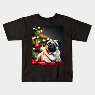 Pug Posing in Front of Christmas Tree Kids T-Shirt